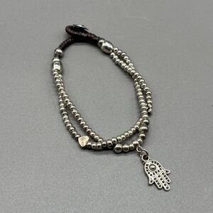 Bali Queen Hamsa Charm Silver Alloy Beaded Two Strand Waxed Linen Boho Bracelet